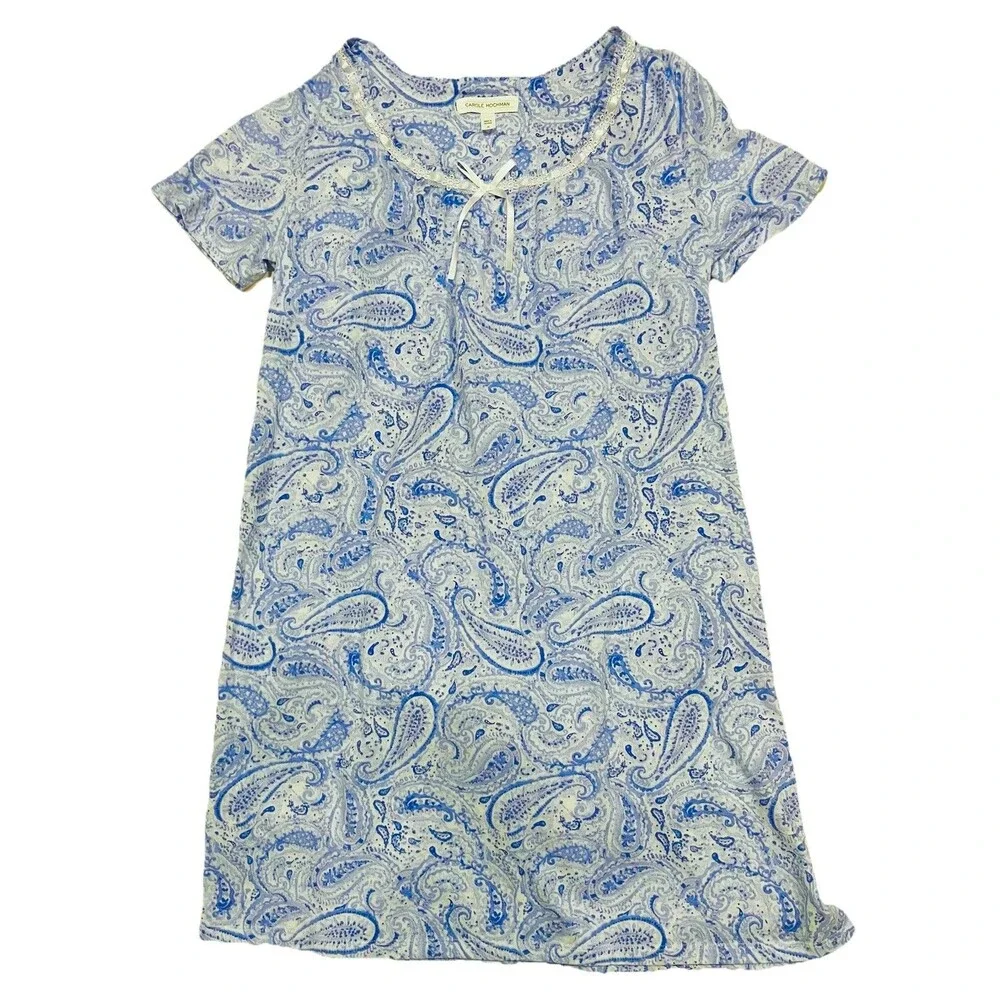 NWOT Women’s Carole Hochman Short Sleeve Blue Purple Paisley Nightshirt Size S